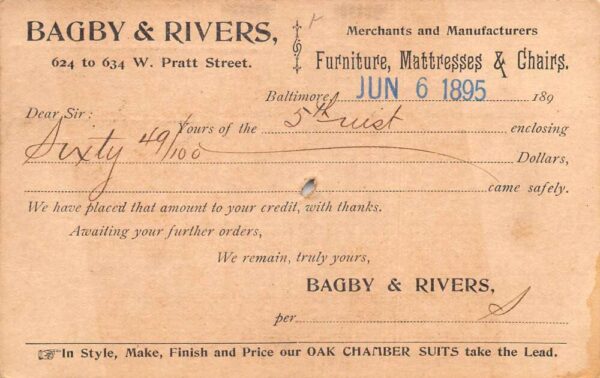 Baltimore Maryland Bagby and Rivers Furniture Receipt Postal Postcard AA100194