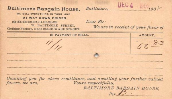 Baltimore Maryland Bargain House Store Receipt Postal Postcard AA100195