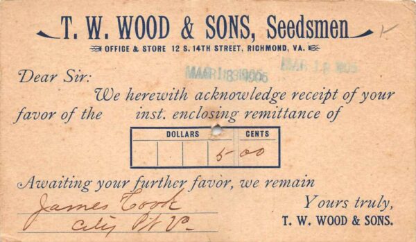 Richmond Virginia TW Wood and Sons Seedsman Receipt Postal Postcard AA100196