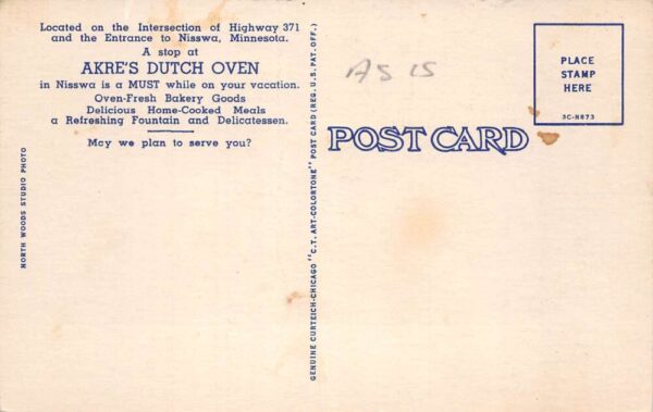 Nisswa Minnesota Akre's Dutch Oven Linen Vintage Postcard AA100202 - Image 2