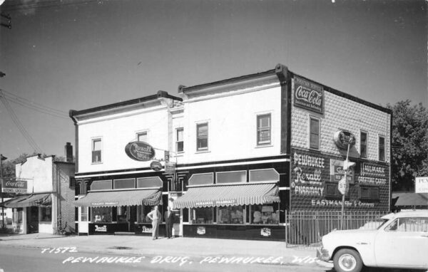 Pewaukee Wisconsin Drug Store Coke Sign Real Photo Postcard AA100214