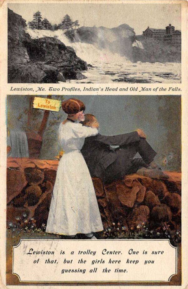 Lewiston Maine Indian Head Water Falls Romance Greetings Postcard AA100240