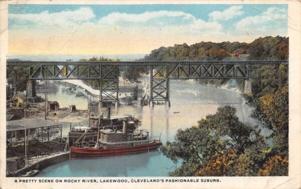 Lakewood Cleveland Ohio Steamer Ship and Bridge Rocky River Postcard AA100241