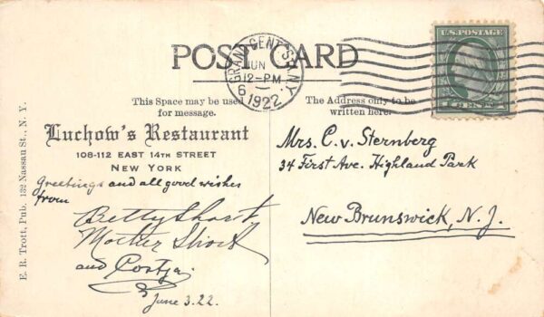 New York City Luchow's Restaurant Dining Room Vintage Postcard AA100244 - Image 2