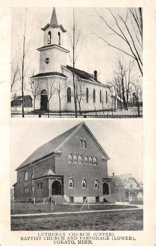 Cokato Minnesota Lutheran Church Baptist Church Vintage Postcard AA100275