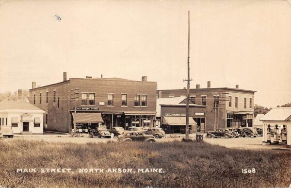 North Anson Maine Main Street, Gas Station, Real Photo, Vintage Postcard U22736