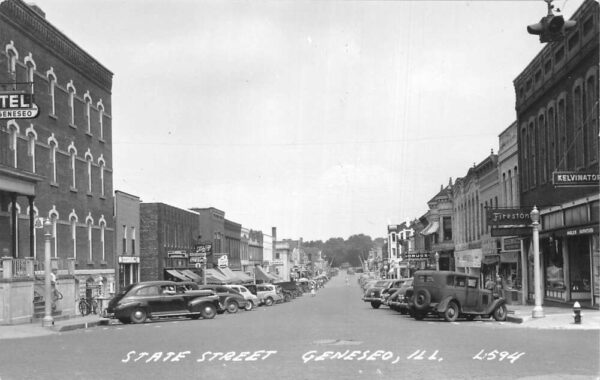 Geneseo Illinois State St., Drug Store & Coca Cola Sign, Vintage RPPC U22763
