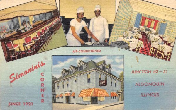 Algonquin Illinois Simonini's Corner, Multi-View Linen, Vintage Postcard U22797