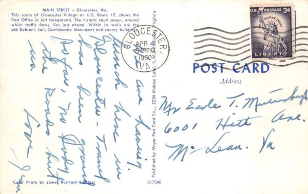 Gloucester Virginia Main Street Vintage Postcard AA100510 - Image 2