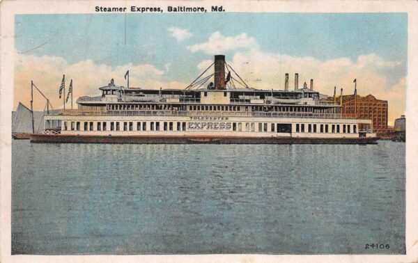 Baltimore Maryland Steamer Express in Harbor Vintage Postcard AA100575
