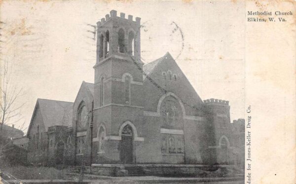 Elkins West Virginia Methodist Church, B/W Lithograph, Vintage Postcard U22938
