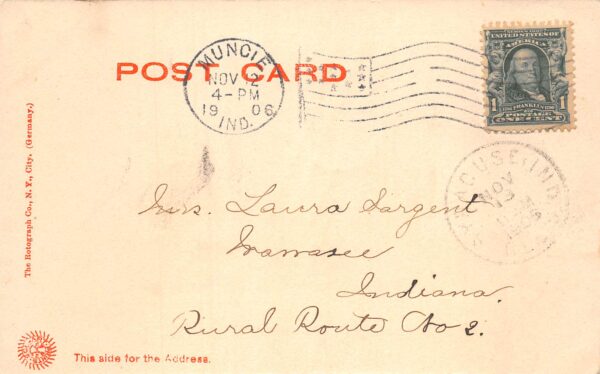 Muncie Indiana Walnut St. Looking South, Rotograph Co., Vintage Postcard U22968 - Image 2