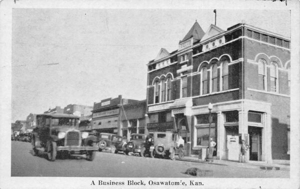 Osawatomie Kansas Business Block, B/W Lithograph, Vintage Postcard U22976