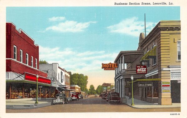 Leesville Louisiana Business Section Scene, Coca Cola Sign, Vintage PC U22983