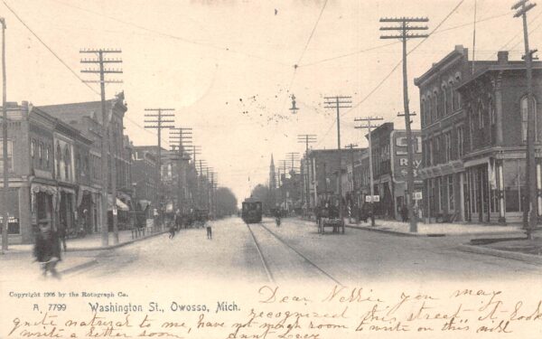 Owosso Michigan Washington St., Trolley, Rotograph Co., Vintage Postcard U23004