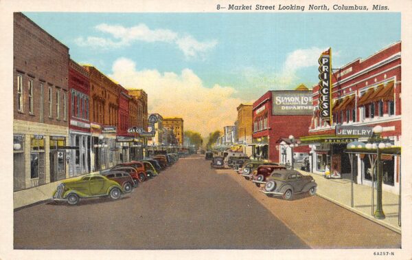 Columbus Mississippi Market St., Looking North, White Border, Vintage PC U23005