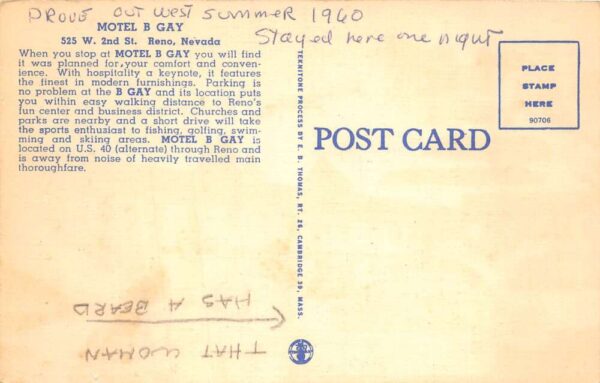 Reno Nevada Motel B Gay, Multi-View Linen, Vintage Postcard U23031 - Image 2