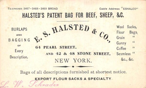New York New York E.S. Halsted & Co. Burlaps & Bags Trade Card, U23042