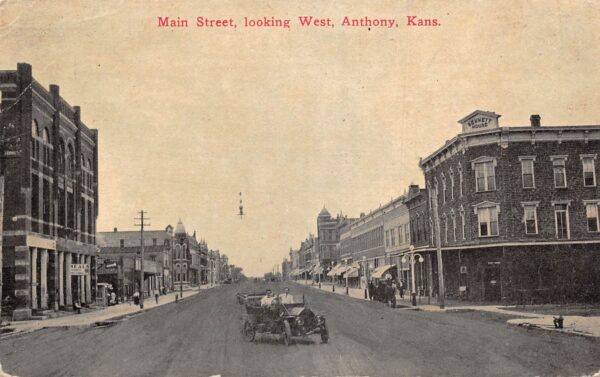 Anthony Kansas Main Street, Looking West, B/W Lithograph, Vintage PC U23066