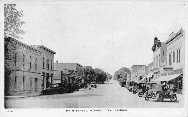 Strong City Kansas Main Street, B/W Lithograph, Vintage Postcard U23068
