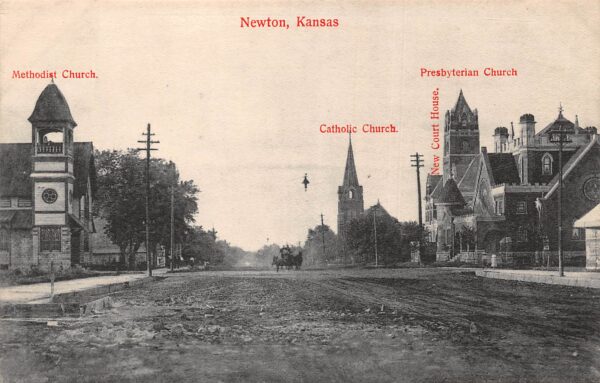 Newton Kansas Churches Of Newton & Court House, Vintage Postcard U23070