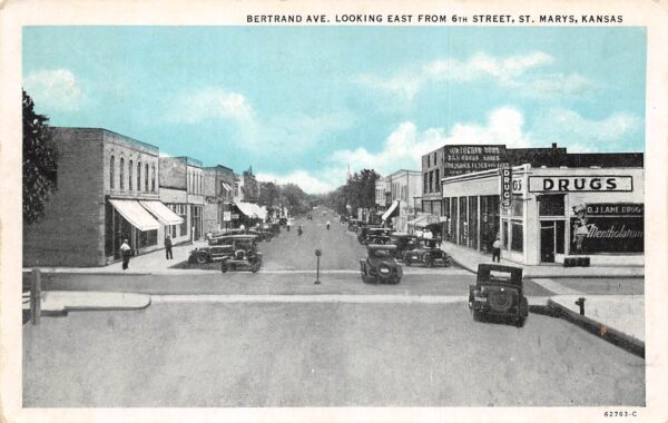 St. Marys Kansas Bertrand Ave., East From 6th St., Drug Store, Vintage PC U23075