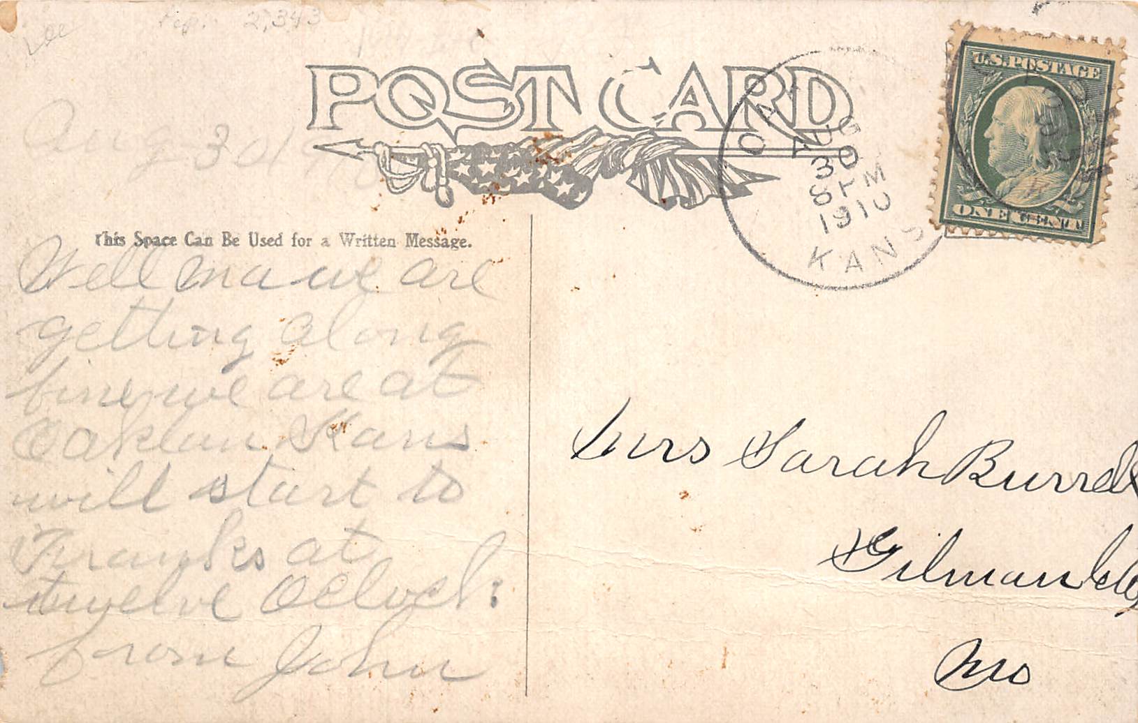 Oakley Kansas Part Of Main St., East Side, B/W Lithograph, Vintage PC U23076 - Image 2