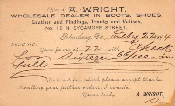 Petersburg Virginia Wright Boots Shoes Leather Dealer Receipt Postcard AA100653