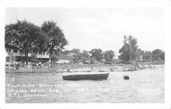 Delavan Wisconsin Crystal Bowl on Turtle Lake Beach Real Photo Postcard AA100665