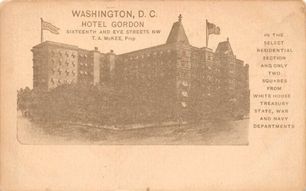 Washington D.C. Hotel Gordon, B/W Lithograph. Vintage Postcard U23121