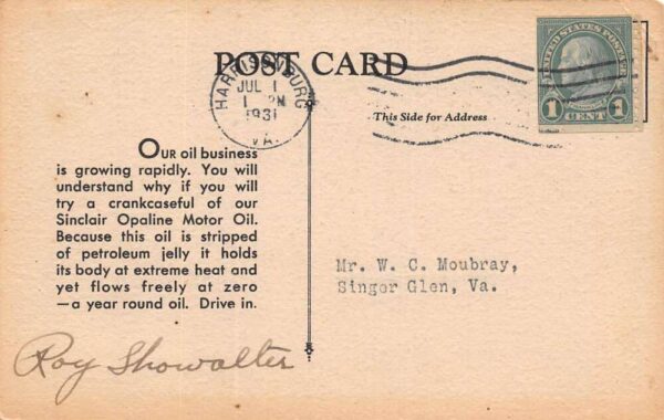 Harrisonburg Virginia Shenandoah Service Station, Sinclair Motor Oil, PC U23128 - Image 2