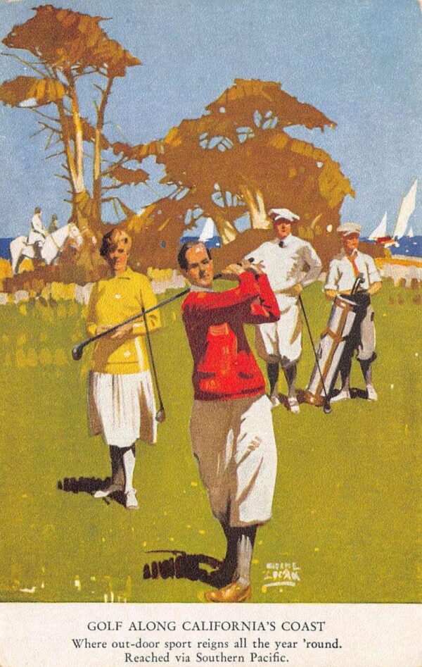 California Coast Golfing Scene Southern Pacific Line Artist Signed PC AA100993