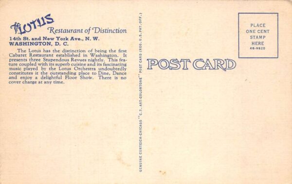 Washington DC Lotus Chinese American Restaurant Linen Vintage Postcard AA101030 - Image 2