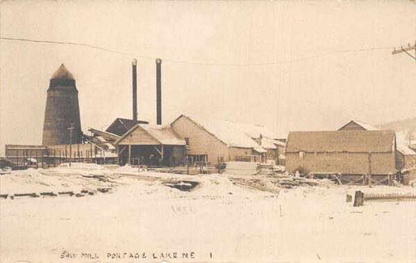 Portage Lake Maine Saw Mill in Winter Real Photo Vintage Postcard AA86650