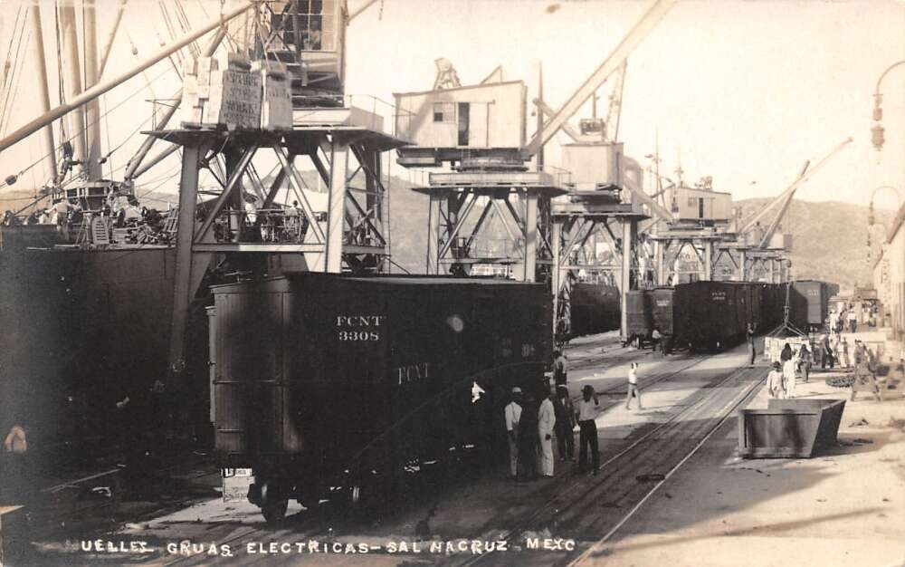 Salina Cruz Mexico Electric Crane Docks Ships Train Cars Real Photo PC AA86658