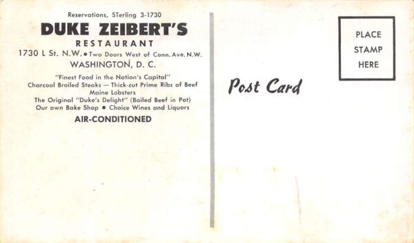 Washington D.C. Duke Zeibert's Restaurant, Chrome, Vintage Postcard U20189 - Image 2