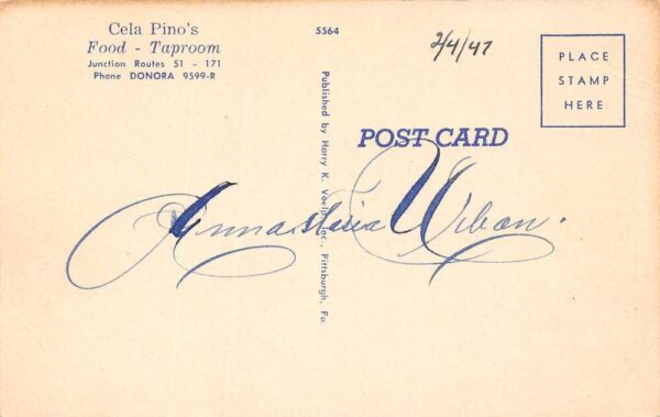 Belle Vernon Pennsylvania Abe's Cela Pino's Restaurant, Vintage Postcard U20208 - Image 2