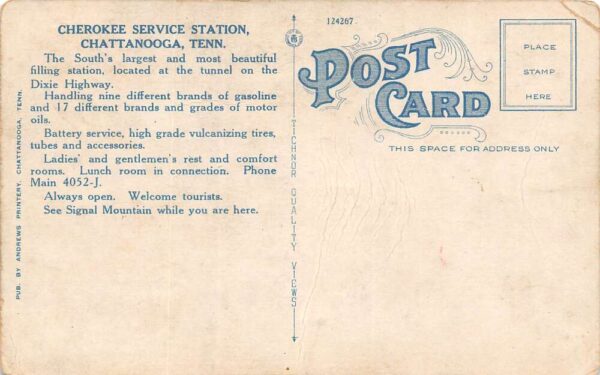 Chattanooga Tennessee Cherokee Service Station, White Border, Vintage PC U20226 - Image 2