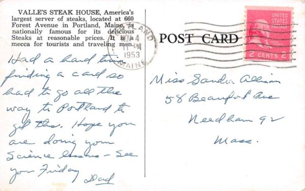 Portland Maine Valle's Steak House, B/W Chrome, Vintage Postcard U20248 - Image 2