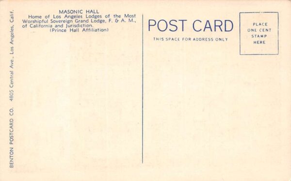 Los Angeles California Masonic Hall, Color Linen, Vintage Postcard U20263 - Image 2