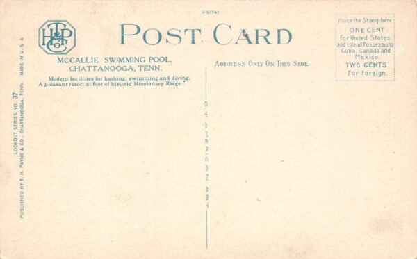 Chattanooga Tennessee McCallie Swimming Pool, White Border, Vintage PC U20275 - Image 2