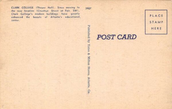 Atlanta Georgia Clark College, Thayer Hall, Color Linen, Vintage Postcard U20283 - Image 2