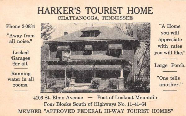 Chattanooga Tennessee Harker's Tourist Home, B/W Lithograph, Vintage PC U20286