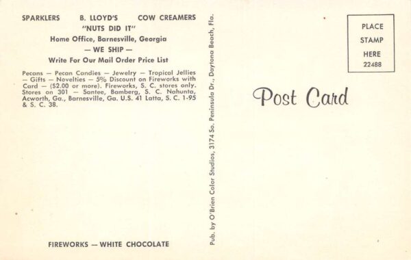 Barnesville Georgia B. Lloyd's Fireworks & Pecan Products, Vintage PC U20395 - Image 2