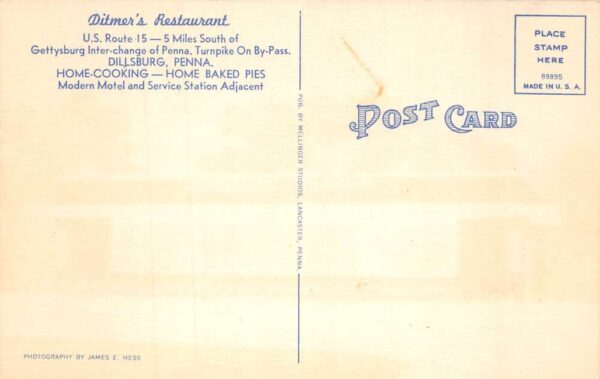 Dillsburg Pennsylvania Ditmer's Restaurant Linen Vintage Postcard AA86830 - Image 2