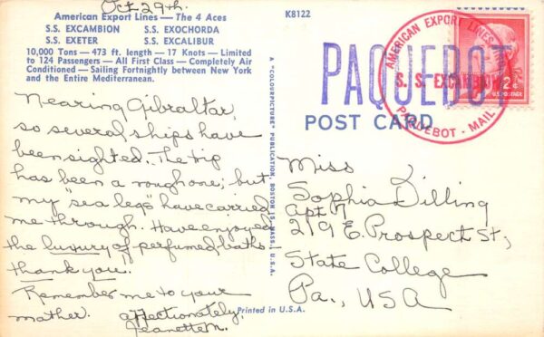 American Export Lines SS Excambion Paquebot Cancel Postal Used Postcard AA86843 - Image 2