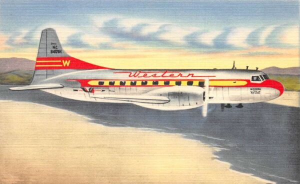 Western Airlines Convair Liner Airplane Linen Vintage Postcard AA86851