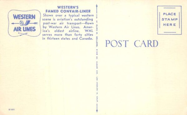 Western Airlines Convair Liner Airplane Linen Vintage Postcard AA86851 - Image 2