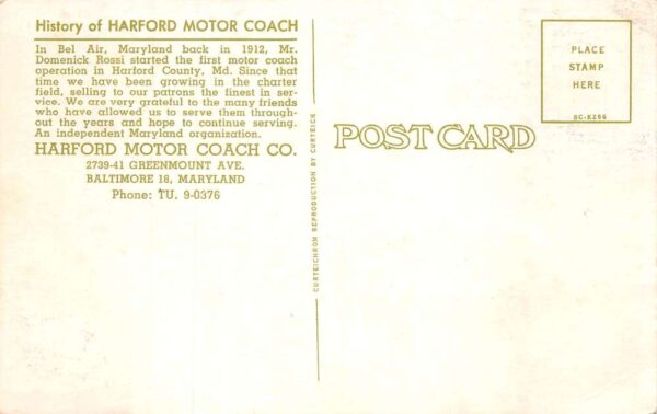 Baltimore Maryland Harford Motor Coach Bus Transportation Postcard AA86859 - Image 2