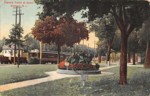 Vineland New Jersey Electric Trains at Depot Train Station Postcard AA86862